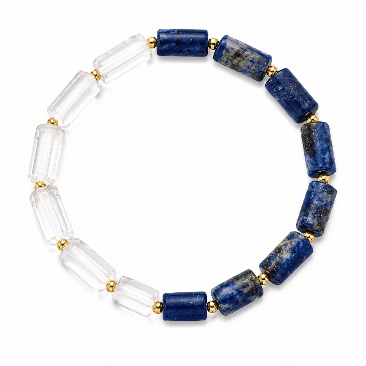 Crystalhouzz Lapis Lazuli Clear Quartz Cylinder Bracelet, Half Gold Spacer