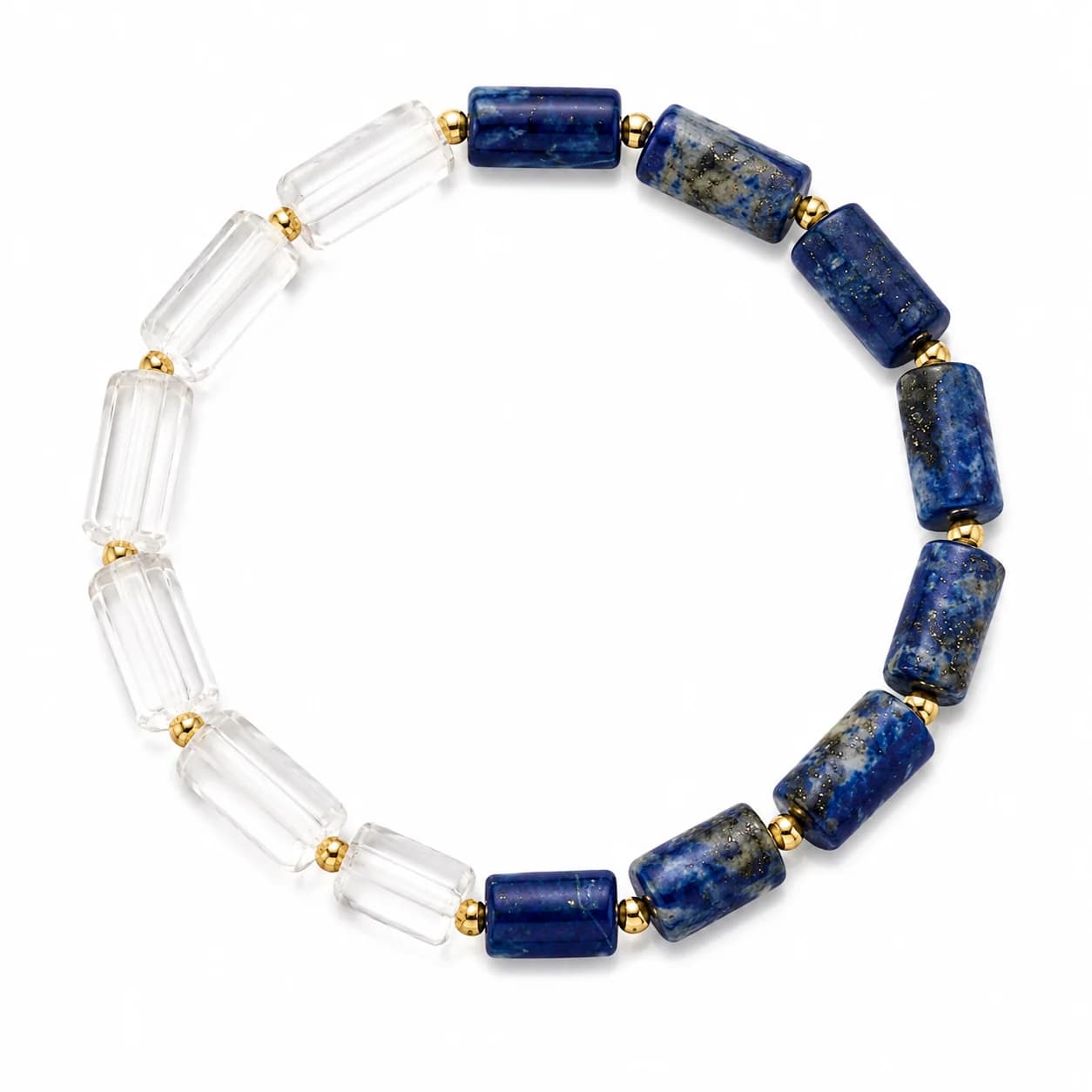 Crystal Houzz half-lapis lazuli and half-clear-quartz cylinder bracelet with gold-tone spacers