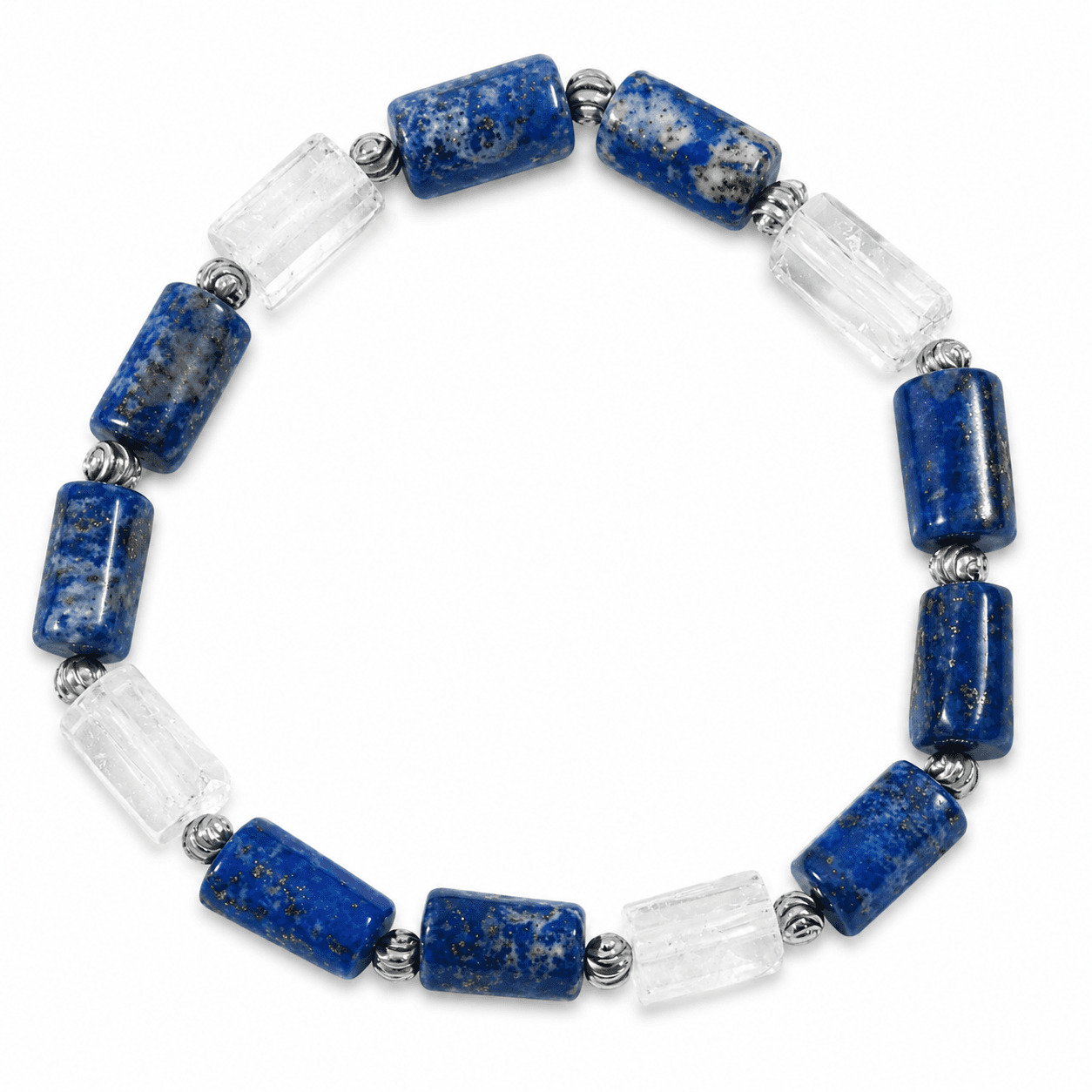 Crystalhouzz Lapis Lazuli Clear Quartz Cylinder Bracelet, Silver Spacers
