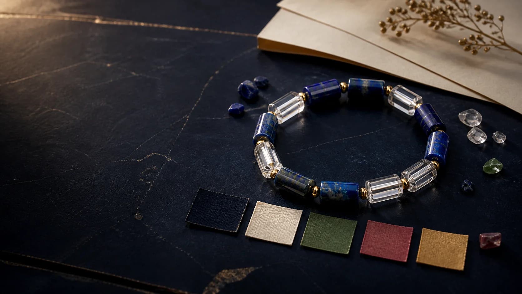 Lapis lazuli bracelet with five color swatches for the Daily Five Elements guide