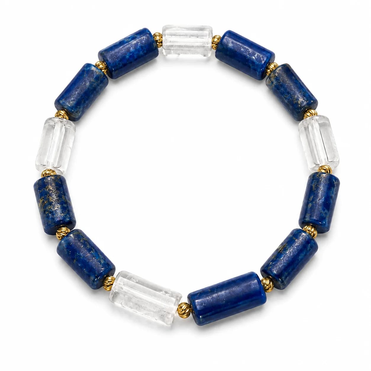 Crystalhouzz Lapis Lazuli Clear Quartz Cylinder Bracelet, Mixed Gold Spacer